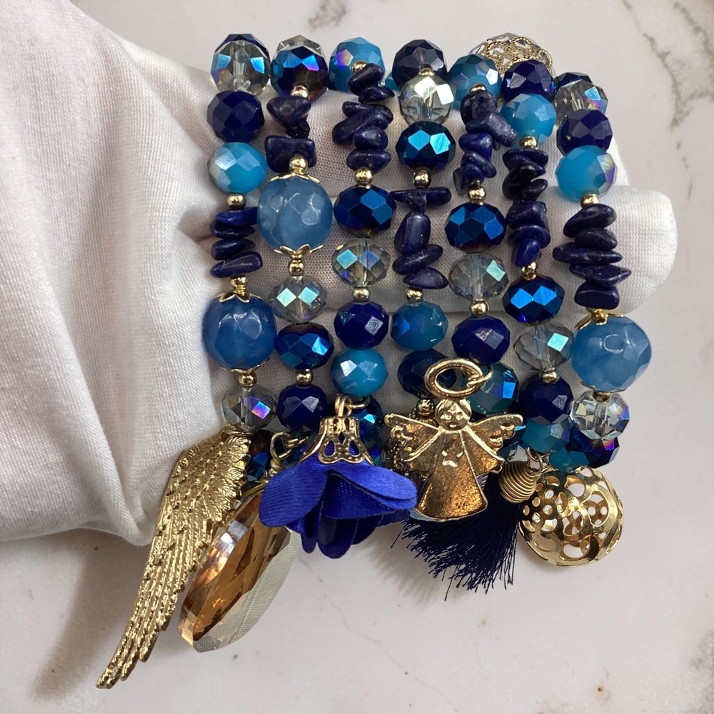 Handmade Mexican 7 Bracelet‎ Set Lapis Lazuli Agate Crystal Gold Plated Blue NEW